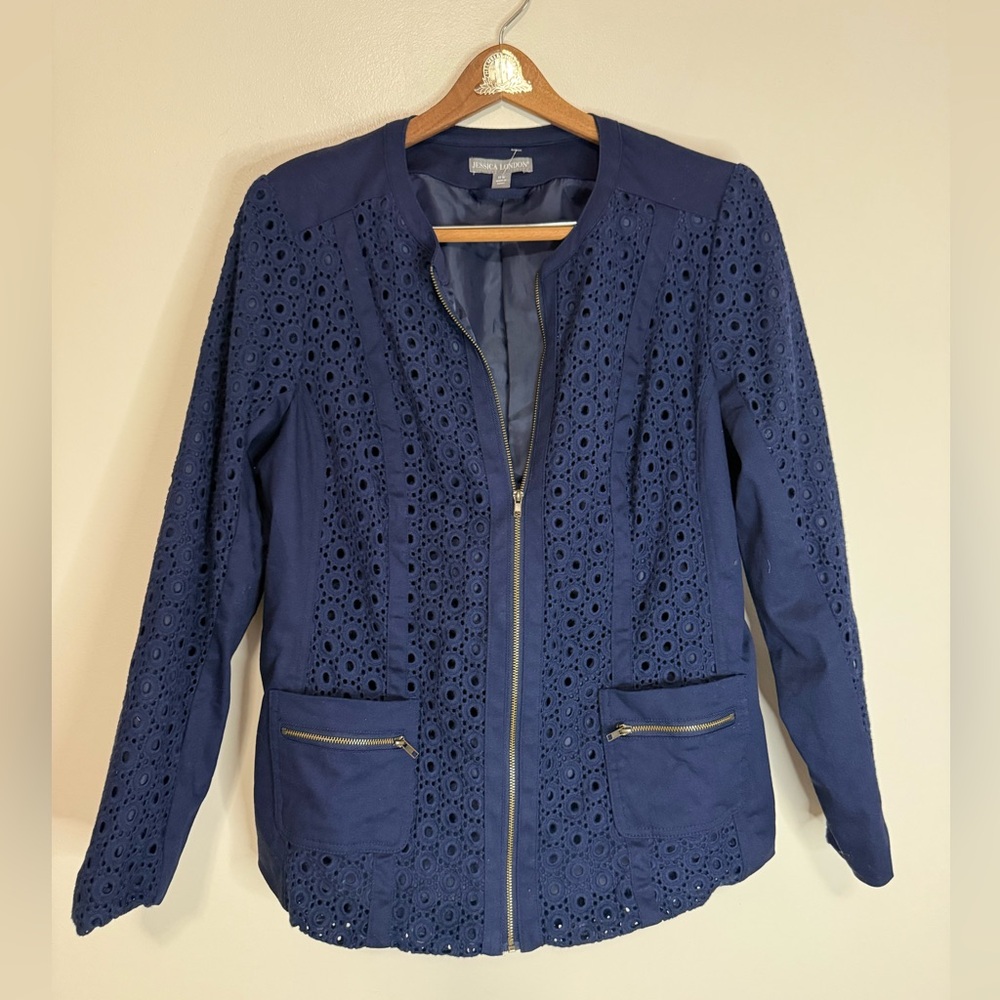 Jessica London Navy Eyelet Zip-Front Women's cotton Jacket in size 14